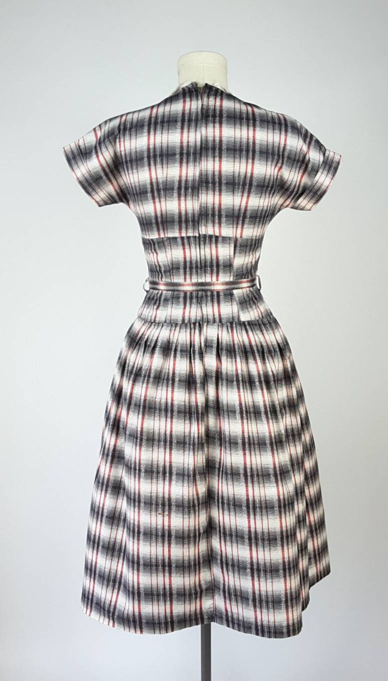 Vintage 1950s Dress S M White Red Black Plaid Fit & Flare Dress Fitted Shelf Bodice Wasp Waist Lace Trim Collar Tie Bow Cuffed Sleeves image 10