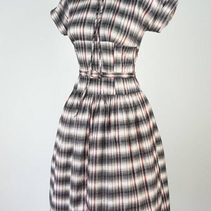 Vintage 1950s Dress S M White Red Black Plaid Fit & Flare Dress Fitted Shelf Bodice Wasp Waist Lace Trim Collar Tie Bow Cuffed Sleeves image 8