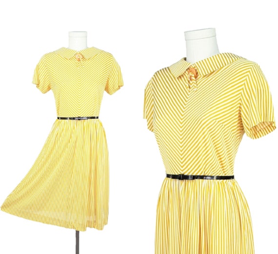 Vintage 1950s Dress M ~ Cheery 40s 50's Mustard Y… - image 1