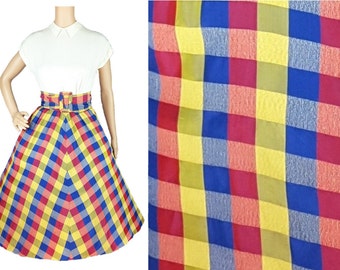 Vintage 1940s Skirt XS ~ Summery 40's Plaid Poodle Circle Flared Flaring Skirt in Blue Yellow Red Plaid Novelty True Vintage