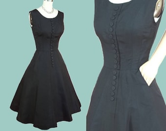 Vintage 1950s Dress S ~ SHIMMERY 40s 50's Black Fit Flare Tea Length Dress 18 Button Front Sleeveless Wasp Waist Flaring Skirt Seam Pockets