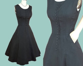 Vintage 1950s Dress S ~ SHIMMERY 40s 50's Black Fit Flare Tea Length Dress 18 Button Front Sleeveless Wasp Waist Flaring Skirt Seam Pockets