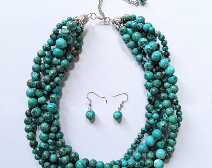 Green Turquoise Necklace Braided Necklace Multi Strand Beaded Necklace Stone Statement Necklace
