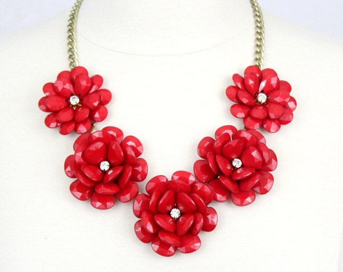 Red Rose Necklace Flower Statement Necklace Beaded Rose Necklace Red Rose Necklace Bib Necklace Floral Necklace