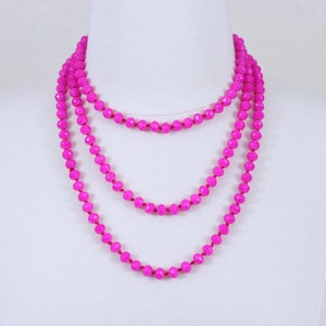 Fuchsia Crystal Beaded Long Necklace: Deep Pink Glass Statement Jewelry