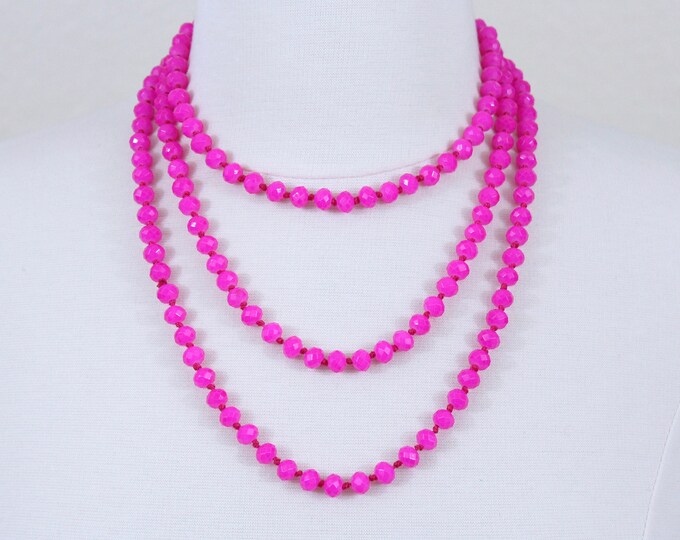 Fuchsia Crystal Beaded Long Necklace Deep pink Glass Beads Statement Necklace Layered Necklace