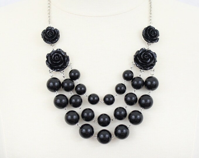 Multi Strand Rose Bubble Necklace Statement Necklace Bib Necklace True Black Layered Beaded Necklace Three Strand Black Rosette