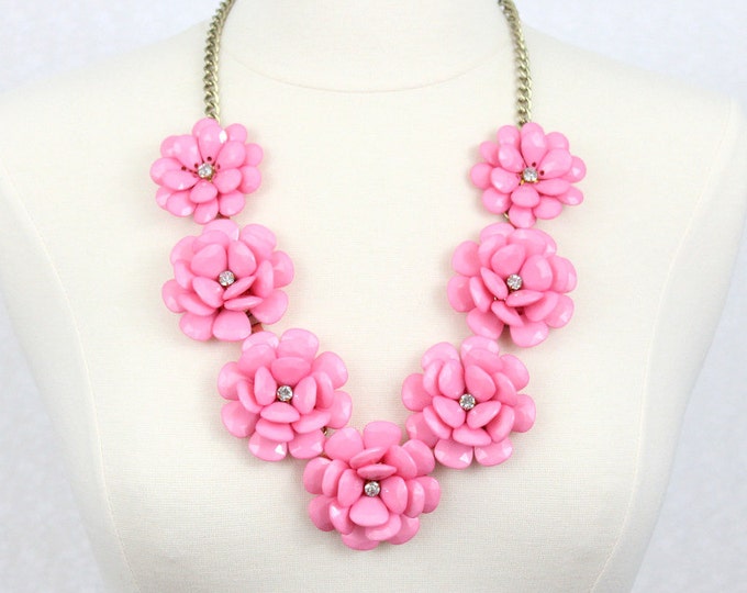 Pink Flower Necklace Rose Necklace Chunky Flower Statement Necklace Pink Gift for Her Mother's Day Gift Birthday Prom Jewelry