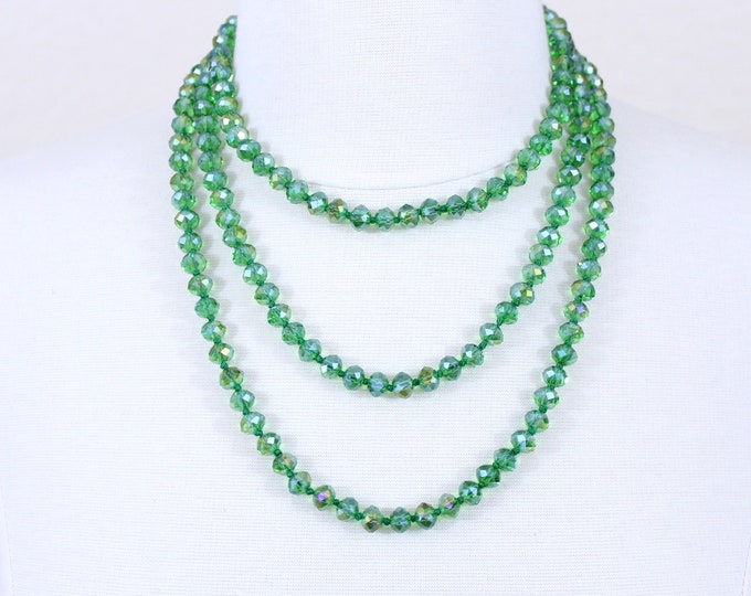 Green Crystal Beaded Long Necklace, Glass Beads Statement Necklace, Layered Necklace, Glass Jewelry, Brides' Maids Gift