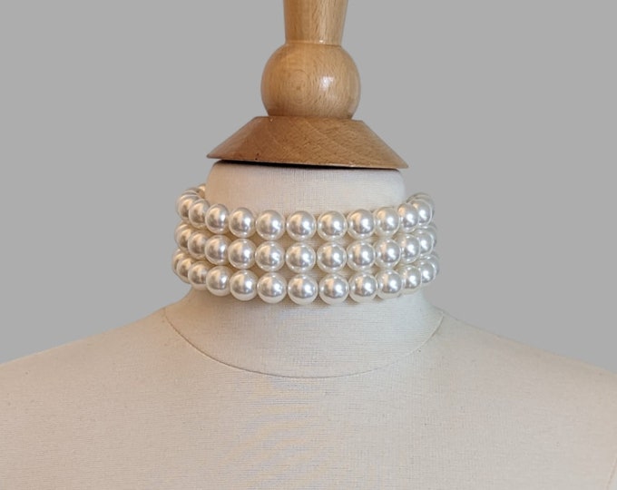 Chunky pearl choker large pearl choker three layered big pearl choker necklace white pearl necklace bridal jewelry 14mm