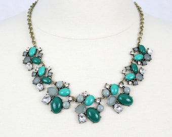Green Floral Bib Necklace: Cabochon Rhinestone Statement Necklace