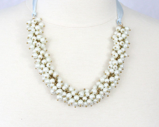 Cluster Pearl Necklace with Ribbon White Pearl Choker Pearl Statement Necklace Bridal Necklace Brides Maids Necklace