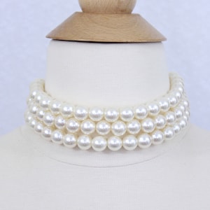 Chunky Pearl Choker: Three Strand Bridal Necklace, 12mm Pearls