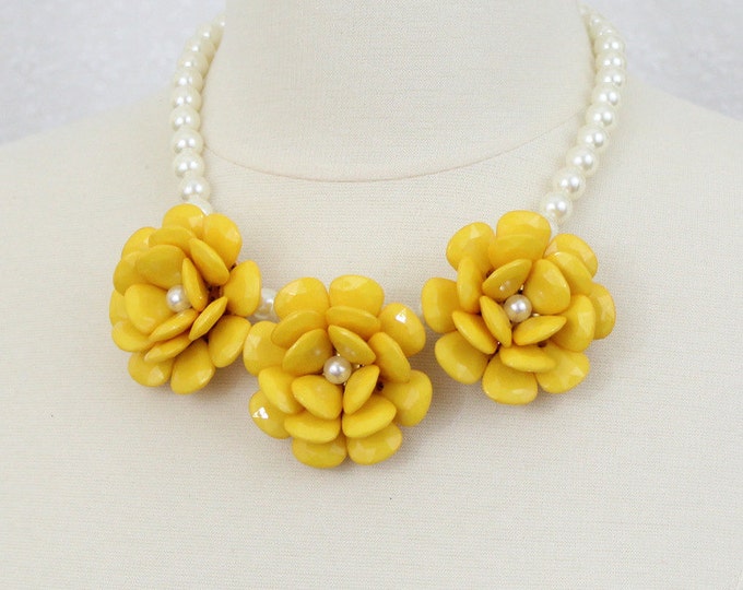 Chunky Flower Statement Necklace Bib Necklace Floral Necklace Yellow Beaded Rose Necklace