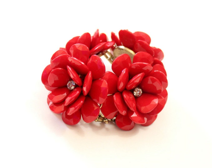 Red Beaded Rose Bracelet Chunky Flower Bracelet