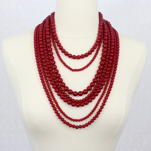 Red Beaded Multi Strand Statement Necklace: Chunky Resin Beads