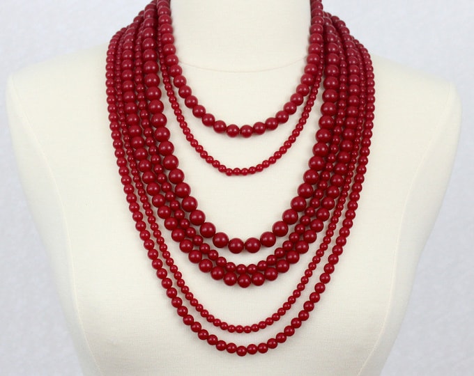 Multi Strand Beaded Necklace Statement Necklace Multi Layered Beads Necklace Red Chunky Necklace