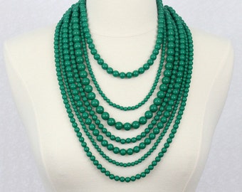 Green Beaded Multi Strand Statement Necklace: Free Earrings
