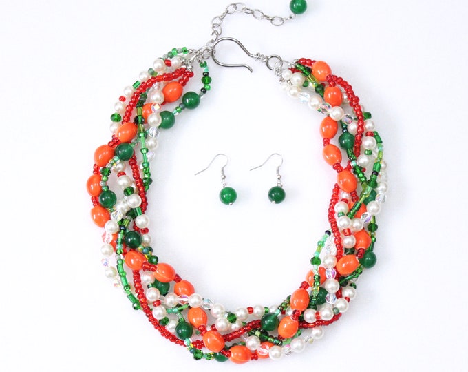 Orange Dark Green Statement Necklace Chunky Necklace Braided Necklace University of Miami Jewelry