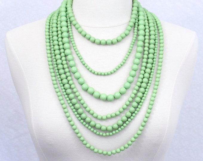 Layered Beaded Necklace Multi Strand Statement Necklace Seven Layered Beads Long Necklace Seven Strand Beads Necklace Apple Green