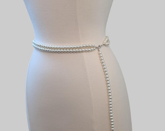 Cinturón de perlas de dos hilos: fajín de novia con perla colgante