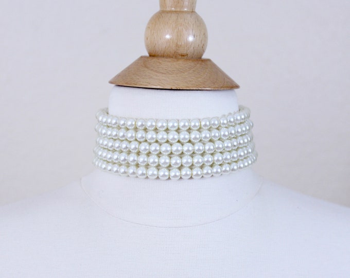 5 Row Pearl Choker, Five Strand Pearl Choker, Chunky Pearl Choker, Bridal Pearl Choker Necklace, Brides Maids Jewelry, Ivory  Pearl Choker