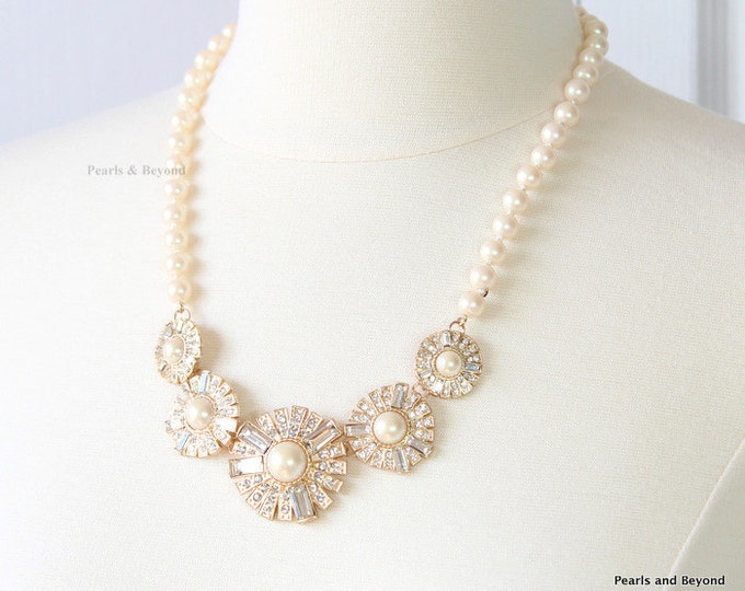 Pearl Necklace Rhinestone Necklace Pearl Floral Bib Necklace Ivory Bridal Pearl Necklace Wedding Jewelry Bridal Jewelry Set white Pearl