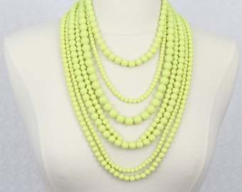 Lime Yellow Beaded Statement Necklace: Multi Strand Resin Beads