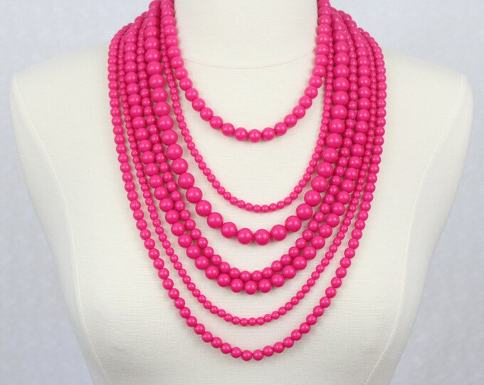 Multi Strand Beaded Necklace Statement Necklace Multi Layered Beads Long Necklace Seven Strand Beads Necklace Fuchsia Hot Pink