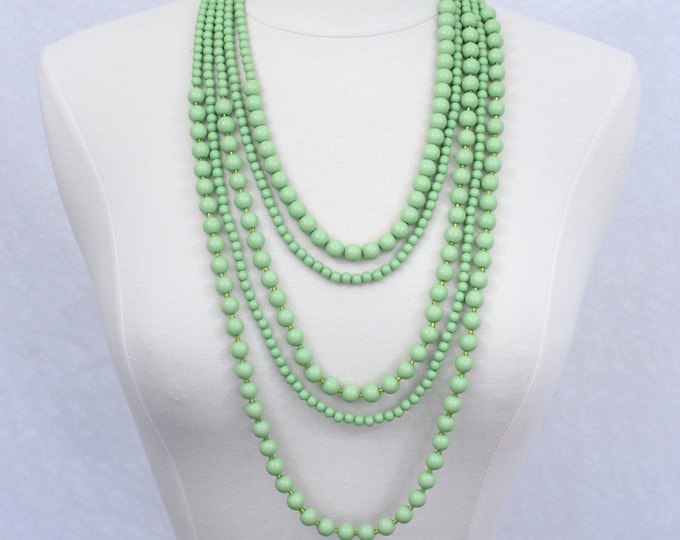 Multi Strand Statement Necklace Apple Green Multi Layered Necklace Beads Long Necklace Green Statement Necklace
