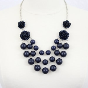 Layered Beaded Necklace with Roses Navy Blue Statement Necklace Rosette Bib Necklace Flower Statement Necklace Chunky Beaded Necklace