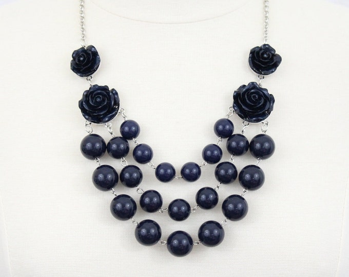 Layered Beaded Necklace with Roses Navy Blue Statement Necklace Rosette Bib Necklace Flower Statement Necklace Chunky Beaded Necklace