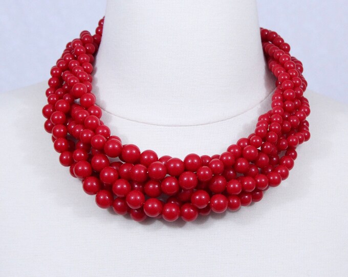 Red Braided Beaded Necklace Twisted Beads Necklace Chunky Necklace Cluster Necklace Statement Necklace Braided Necklace Holiday Jewelry