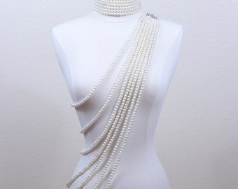 7 Strand Pearl Choker and Cross Body Necklace Set