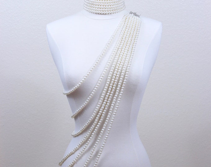 7 Strand Pearl Cross Body Necklace and Choker Layered Long Pearl Necklace Pearl Necklace Chunky Pearl Statement Necklace