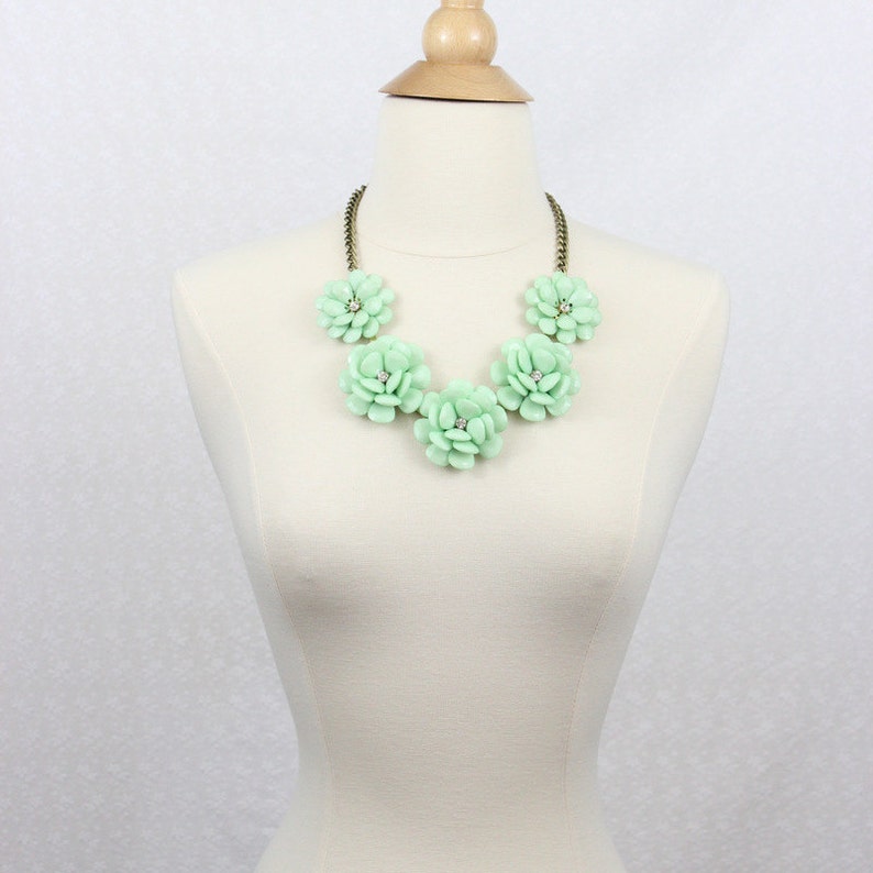 Mint Flower Necklace Statement Necklace Beaded Rose Necklace Peony Necklace Green Necklace image 2