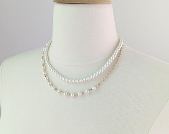Collar de perlas de doble vuelta: eslabones chapados en oro, pendientes gratis