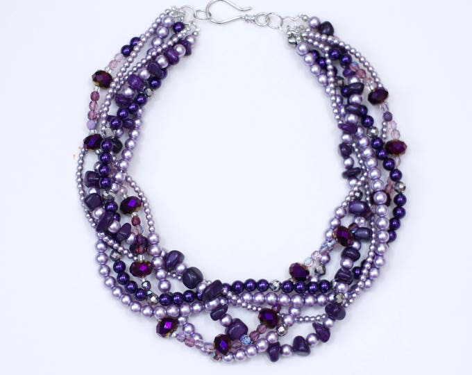 Purple braided statement necklace chunky necklace violet lavender beaded necklace