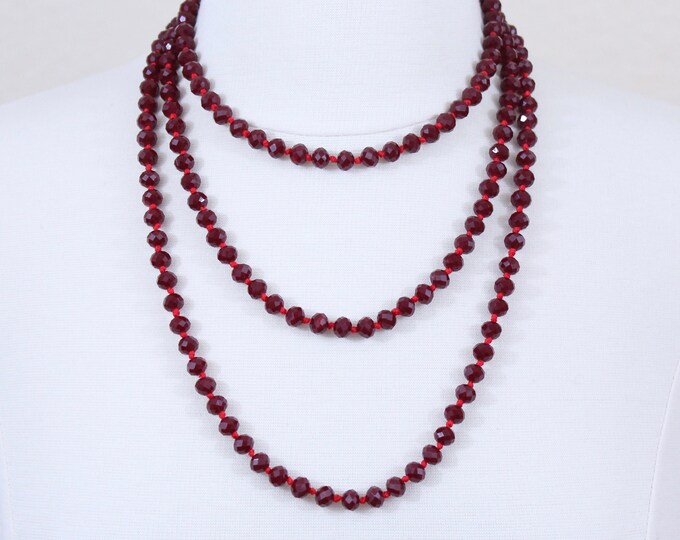 Dark Red Crystal Beaded Long Necklace Deep Red Glass Beads Statement Necklace Layered Necklace Colorful Necklace