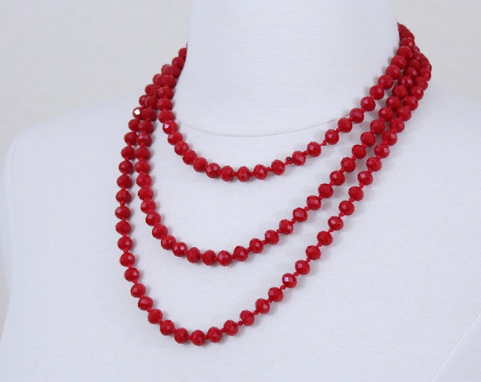 Red Glass Beaded Long Necklace Deep Red Glass Beads Statement Necklace Layered Necklace Colorful Necklace