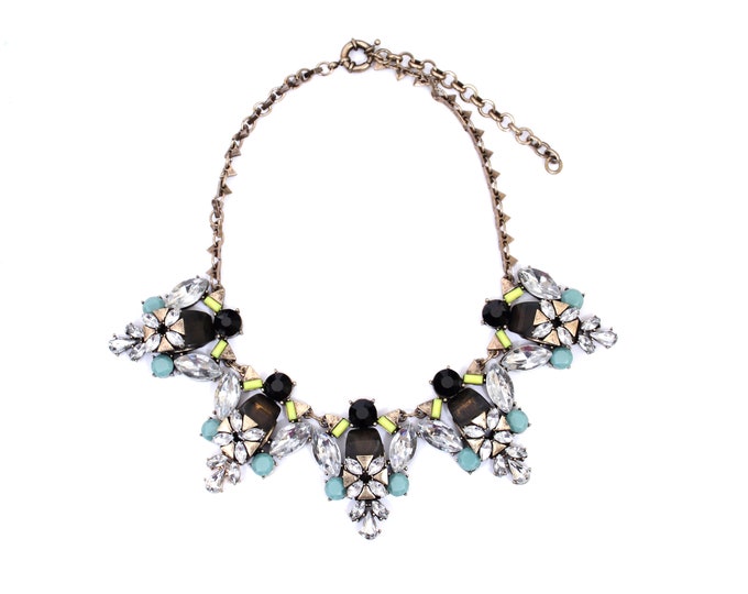 Mint statement necklace, crystal necklace, black rhinestone necklace, chunky bib necklace, brides' maids gift