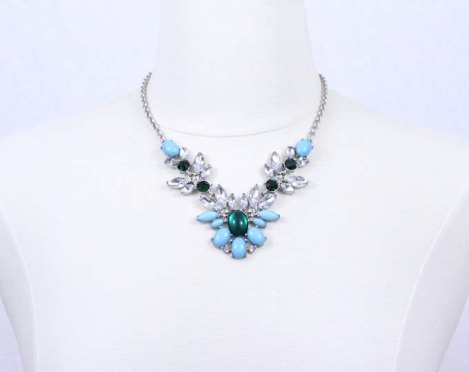 Blue Necklace Floral Statement Necklace Flower Necklace Rhinestone Chunky Necklace Crystal Necklace Gift for Her Mother's Day Gift