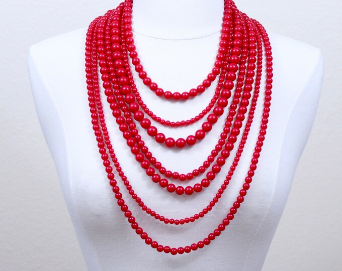 Red Statement Necklace Multistrand Strand Beaded Necklace Statement Necklace Seven Layered Beads Necklace True Red Chunky Necklace