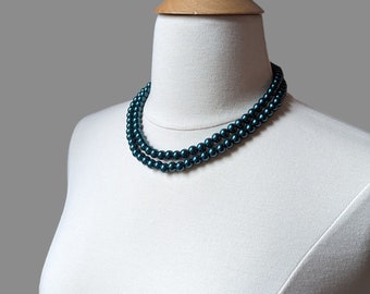 Collar de perlas de vidrio verde pavo real: gargantilla de cuentas de 25 pulgadas