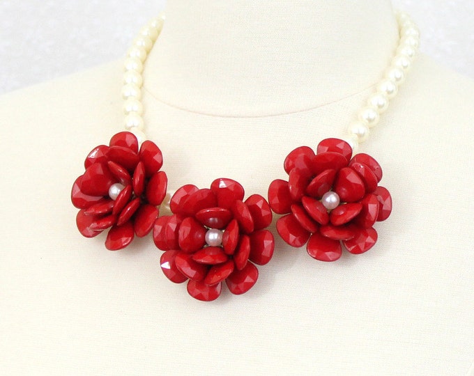 Red Necklace ,Chunky Flower Statement Necklace, Rose Bib Necklace, Beaded Rose Necklace, 3 Large Flower Necklace