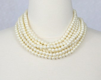 Multi Strand Glass Pearl Necklace: Chunky Layered Statement Jewelry