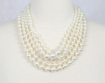 Chunky Multi Strand Pearl Statement Necklace: Ivory White Resin Pearls