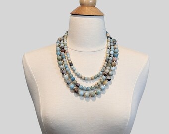 Collar de cuentas de amazonita azul: joyería de piedra de tres capas