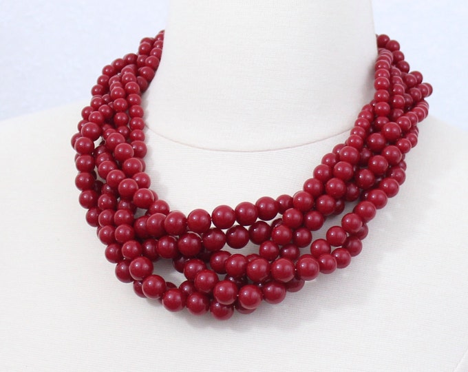 Dark Red Braided Beaded Necklace Twisted Beads Necklace Chunky Necklace Cluster Necklace Statement Necklace