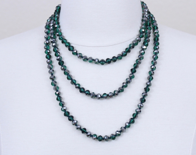 Deep Green Crystal Beaded Long Necklace Glass Beads Statement Necklace Layered Necklace